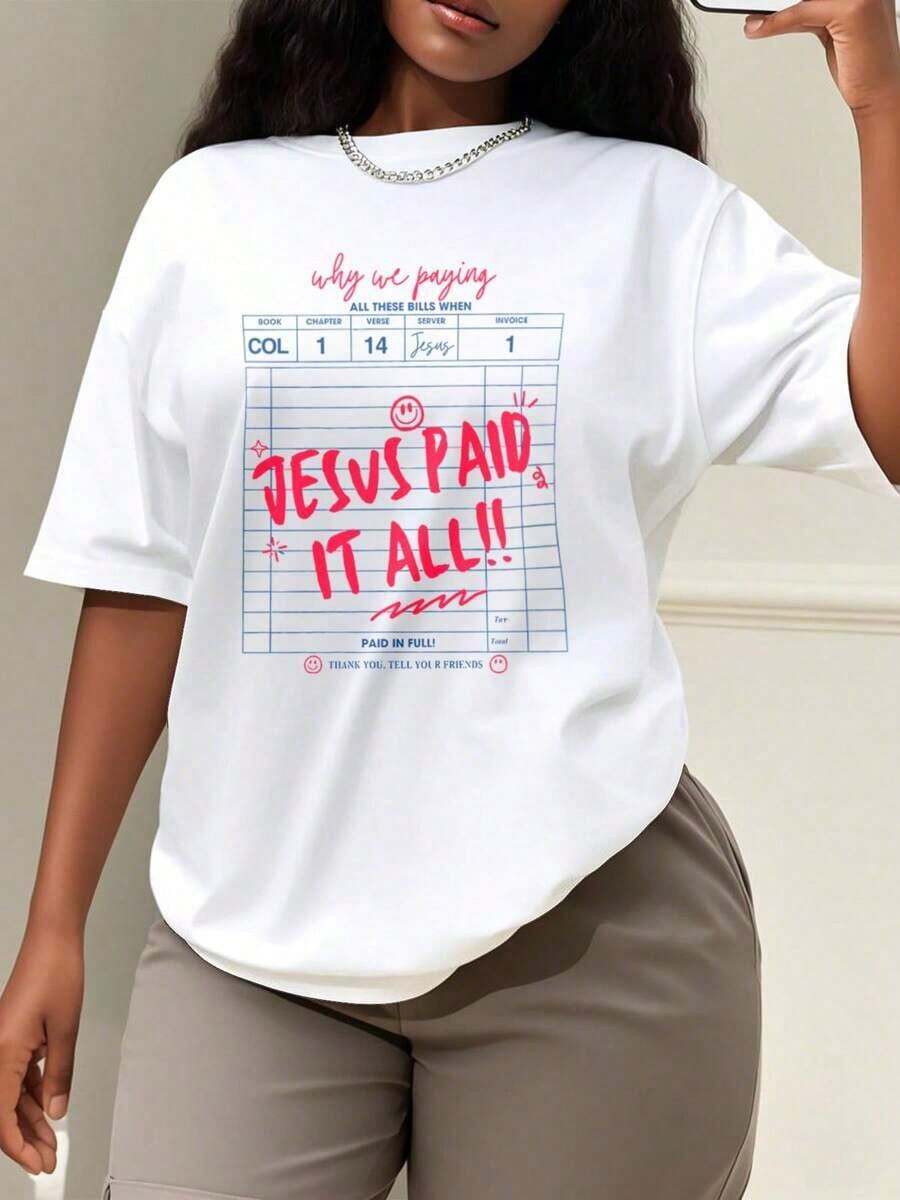 1 Piece Of Women's Oversized Graphic Tee, Christian Design "Jesus Paid For It All", Worship Tee, Direct Print Christian Tee, Guest Tee, Fashion Gift Tee, Oversized Tee For Women, Perfect For Christmas Parties Or As A Gift, Soft And Comfortable Vintage Tee. - 白色 - 查看 1