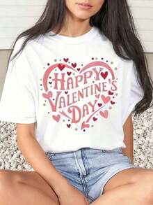 1 Piece Women's Valentine's Day T-Shirt With Heart Print, Round Neck, Short Sleeve, Soft And Comfortable, 220 G/M², 180 G, 100% Cotton - 黑色 - 查看 6