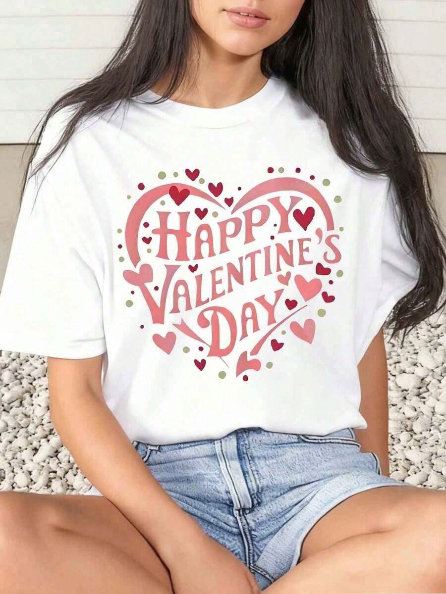 1 Piece Women's Valentine's Day T-Shirt With Heart Print, Round Neck, Short Sleeve, Soft And Comfortable, 220 G/M², 180 G, 100% Cotton - 白色 - 查看 1