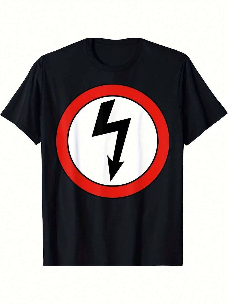 Camiseta de manga corta con cuello redondo para hombre - Negra con diseño gráfico de círculo rojo y rayo, corte regular , transpirable, ideal para primavera, verano, uso casual, vacaciones y días de descanso. Una camiseta de manga corta adecuada para el hogar, uso diario, fiestas y viajes, perfecta como regalo para amigos o familiares. - Negro - Ver 1