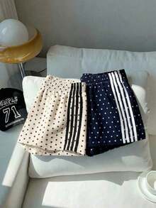2 piezas Shorts casuales de estilo callejero para mujer con contraste de color en la cinta, shorts de lunares, verano - Multicolor 5 - Ver 7