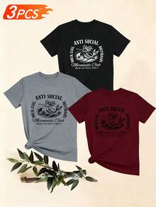 Women's T-Shirts, Women's T-Shirts, Casual Short Sleeve One Piece T-Shirt With Antisocial Mermaid Club Print, Fashion Top. - 1件黑色隨機圖案 - 查看 6