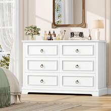 Commode à 6 tiroirs, 120 cm de large, commode aspect bois, buffet, commode - Blanc - Voir 1
