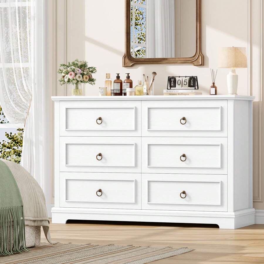 Commode à 6 tiroirs, 120 cm de large, commode aspect bois, buffet, commode - Blanc - Voir 1