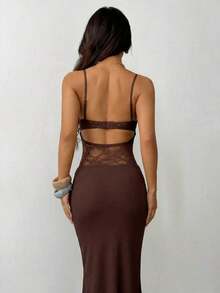 xheSHEIN PETITE Vestido transparente con tirantes de encaje para mujer, apto para uso en fiestas, citas y festivales, adecuado para otoño e invierno, puede usarse como capa interiorxhe - Café integral - Ver 2