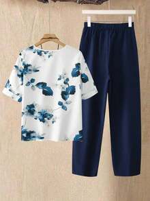 2 piezas Conjunto de top y pantalones casuales estampados para mujer - Azul y blanco - Ver 2
