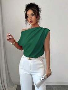 Blusa de unicolor con cuello asimétrico y plisado a la moda para mujeres - Verde Oscuro - Ver 6