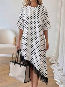 Vestido de talla media de manga corta con bajo asimétrico, de uso diario, de vacaciones y casual, de unicolor con parches de encaje, de moda básica para mujeres - Blanco y Negro 2 - Ver 2