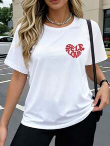 Under The Radar - Women's Casual Short Sleeve T-Shirt, White, With "Self Love" Heart Print, Drop Shoulder, Knit, Crew Neck, Regular Length, Urban Vintage Style, Unisex, Loose Fit, Cotton. - 白色 - 查看 3