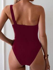 Traje de baño de una pieza con escote asimétrico y decoración de anillo de metal de unicolor para mujer - Burdeos - Ver 2