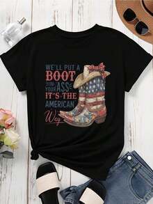 1 Piece Of Women's Round Neck T-Shirt With Cowboy Boot Print And American Flag And Text, Short Sleeve, Casual Summer Style For Patriotic Events And Outdoor Activities, 180g, 100% Cotton. - 白色 - 查看 8