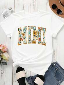 1 Piece Of Women's Round Neck T-Shirt With Floral Print Of The Letter Mimi, Short Sleeve, Casual Summer Style For Daily Wear, 180g, 100% Cotton. - 白色 - 查看 3