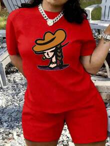 Women's T-Shirt With Cartoon Print, Cowboy Hat Design, Braid, Necklace And Earring, Loose Fit, Short Sleeve, Round Neck, Fashionable Casual Style, Comfortable Sportswear, Soft And Breathable Garment, Ideal For Daily Wear And Outings. - 紅色 - 查看 5