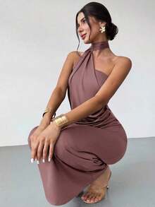 Vestido suelto con mangas acampanadas asimétricas de color marrón moca para mujer, vestido largo de moda, ropa de primavera/verano, adecuado para ir al trabajo, elegante, sexy, vacaciones, playa, estilo bohemio, Hawái, festivales de música, fiestas, atuendo de trabajo - Marrón Mocha - Ver 4