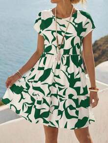 Vestido corto con cuello redondo y manga corta de estampado geométrico, casual para mujer, adecuado para primavera/verano - Verde - Ver 7