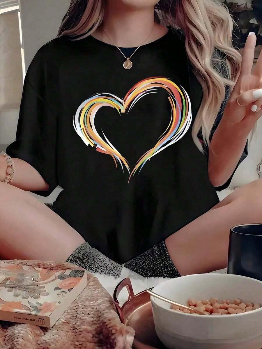 CasualPlayera Roja de Mujer con Gráfico de Corazón Multicolor Estilo Garabato, Camiseta Aesthetic de Manga Corta con Líneas de Colores, Top de Verano Vibrante, Blusa Casual de Moda UrbanaMust-have - Negro - Ver 1