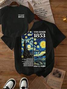 Women's Casual T-Shirt With A Print Paying Tribute To Van Gogh's "The Starry Night" Painting And The Numerical Graphic 1853, Comfortable Short-Sleeved And Round Neck For Spring/Summer, Fashionable Graphic T-Shirt For Holidays In White - 黑色 - 查看 5