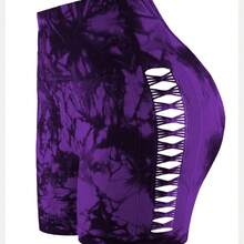 Pantalones deportivos sin costuras teñidos con lazo para mujer, pantalones cortos ajustados deportivos de cintura alta y levantamiento de cadera para correr, pantalones cortos sexis de melocotón para Fitness y Yoga - malla morada - Ver 6