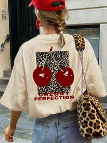 1 Piece Of Women's Summer T-Shirt With Round Neck And Short Sleeves, Leopard Print And Cherry Design, Suitable For Summer, Beach, Street, Daily Wear, Work, Office Party, Going Out, Festival, Music Festival, Valentine's Day, Casual Party, White Color. - 杏色 - 查看 6