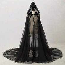 1PCWomen's Sheer Hooded Cloak With Long Train, Elf Cloak With Hood, Suitable For Wedding, Costume Play, Black, White - Multicolor - View 4