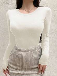 Camiseta de manga corta de unicolor casual para mujer, verano - Blanco - Ver 5
