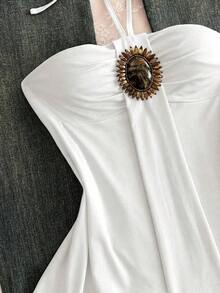 Camiseta de tirantes finos con estampado floral desgastado y parches con cuentas, estilo vintage y sexy, para verano - Blanco - Ver 4