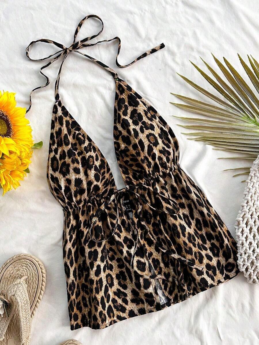 Top sin espalda con estampado de leopardo, cuello de atar y diseño casual para mujer - Marrón - Ver 1