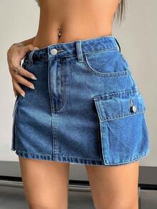 Falda vaquera de cargo de unicolor de verano para mujer - Lavado ligero - Ver 1