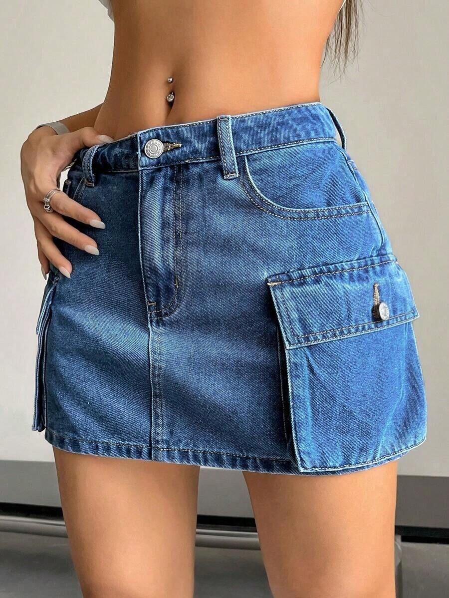 Falda vaquera de cargo de unicolor de verano para mujer - Lavado ligero - Ver 1