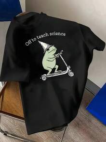 Camiseta de profesor de ciencias para hombre |   Diseño Divertido de Rana Montando en Scooter, Transpirable, Ligero, Casual, Ajuste Cómodo para Todas las Temporadas, Material Duradero, Estampado de Dibujos Animados, Cuello Redondo, Corte Regular, Blanco - Negro - Ver 7