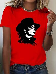 Camiseta Casual de Mujer Nueva Colección Otoño - Estampado Clásico Retrato, Cómoda y Elegante con Cuello Redondo para Deportes Correr Moda, Personalidad Divertida Suave Transpirable Ropa casual Fiesta Celebración Vacaciones Navidad Halloween Campus Graduación Regalo Unisex Pareja Hermana Conjunto - Rojo - Ver 12