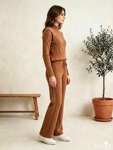 1pc Casual Blouse And Pants Set, Daily Winter Modal Knit, Classic Cable Knit - Màu Khaki - Xem 2