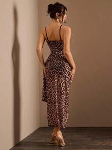 Charm Vestido largo elegante y sexy para mujer con detalles de encaje, estampado de leopardo, asimétrico en la cintura, transparente, con efecto de espina de pescado y un solo tirante - Multicolor 2 - Ver 2