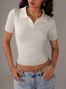 Blusa de punto de manga corta con cuello polo de unicolor simple para uso diario y casual de verano de las mujeres - Blanco - Ver 3