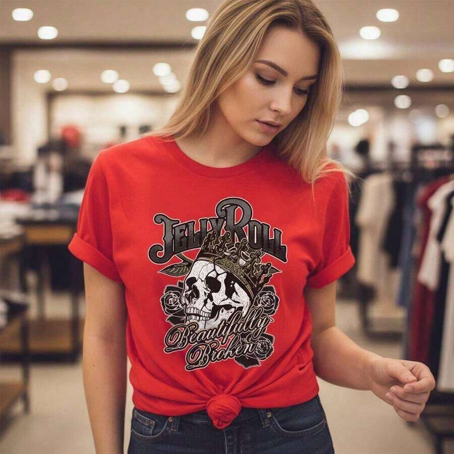 Camiseta de algodón con estampado gráfico "Beautifully Broken" de Jelly Roll para mujer, manga corta, cuello redondo, estilo casual, diseño vintage de calaveras y rosas, moda inspirada en la música, cómoda para uso diario, adecuada para primavera, verano y otoño. - Rojo - Ver 1