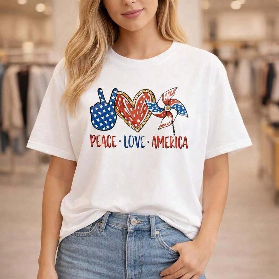 Camiseta de algodón para mujer, talla grande, con estampado de Paz, Amor y América, de manga corta, cuello redondo, estilo casual, con diseño patriótico, corte holgado, ideal para el verano, 100% algodón, cómoda y básica, estilo 4 de julio, Día de la Independencia. Adecuada para primavera, verano y otoño. - Blanco - Ver 1