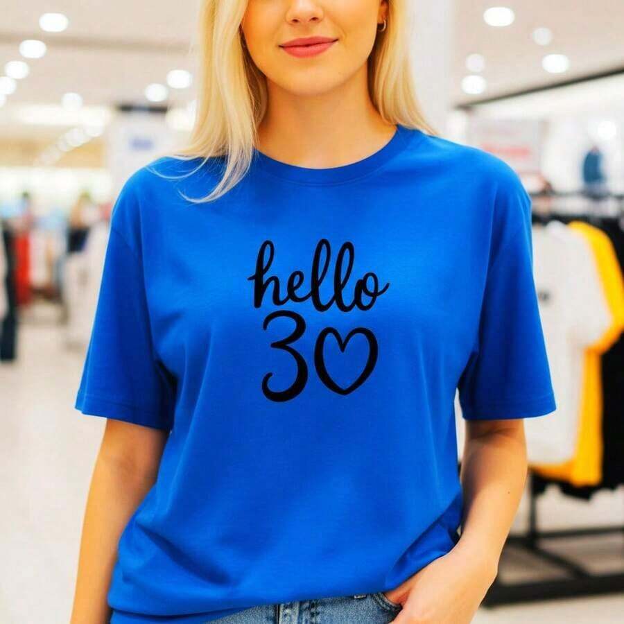 Camiseta de algodón de gran tamaño con estampado de corazones "Hello 30" para mujer, camiseta casual de manga corta con cuello redondo y estampado gráfico, top holgado para fiestas de cumpleaños, tela suave y transpirable 100% algodón, camiseta casual con estampado de letras, cómoda para uso diario, regalo para celebraciones de cumpleaños número 30. Adecuada para primavera, verano y otoño. - Azul - Ver 1