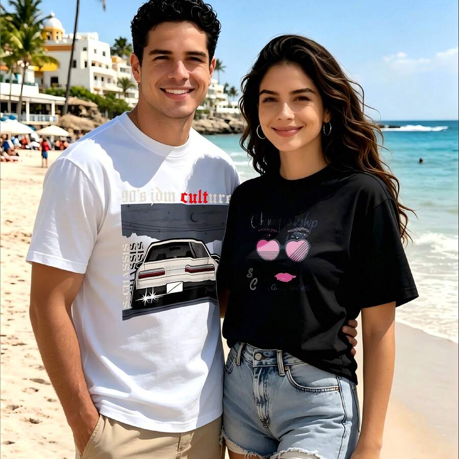 2-Piece Couple Matching Pattern T-Shirt, 100% Cotton, Loose Fit, Soft And Breathable, Casual Round Neck Short Sleeved Top Car Graphic Text Design Pattern Print Versatile Patterns No Picky Combinations Coordinated Dating Casual Travel Simple And Cartoonish Printing Styles High Cost-Effectiveness - 白色 - 查看 1