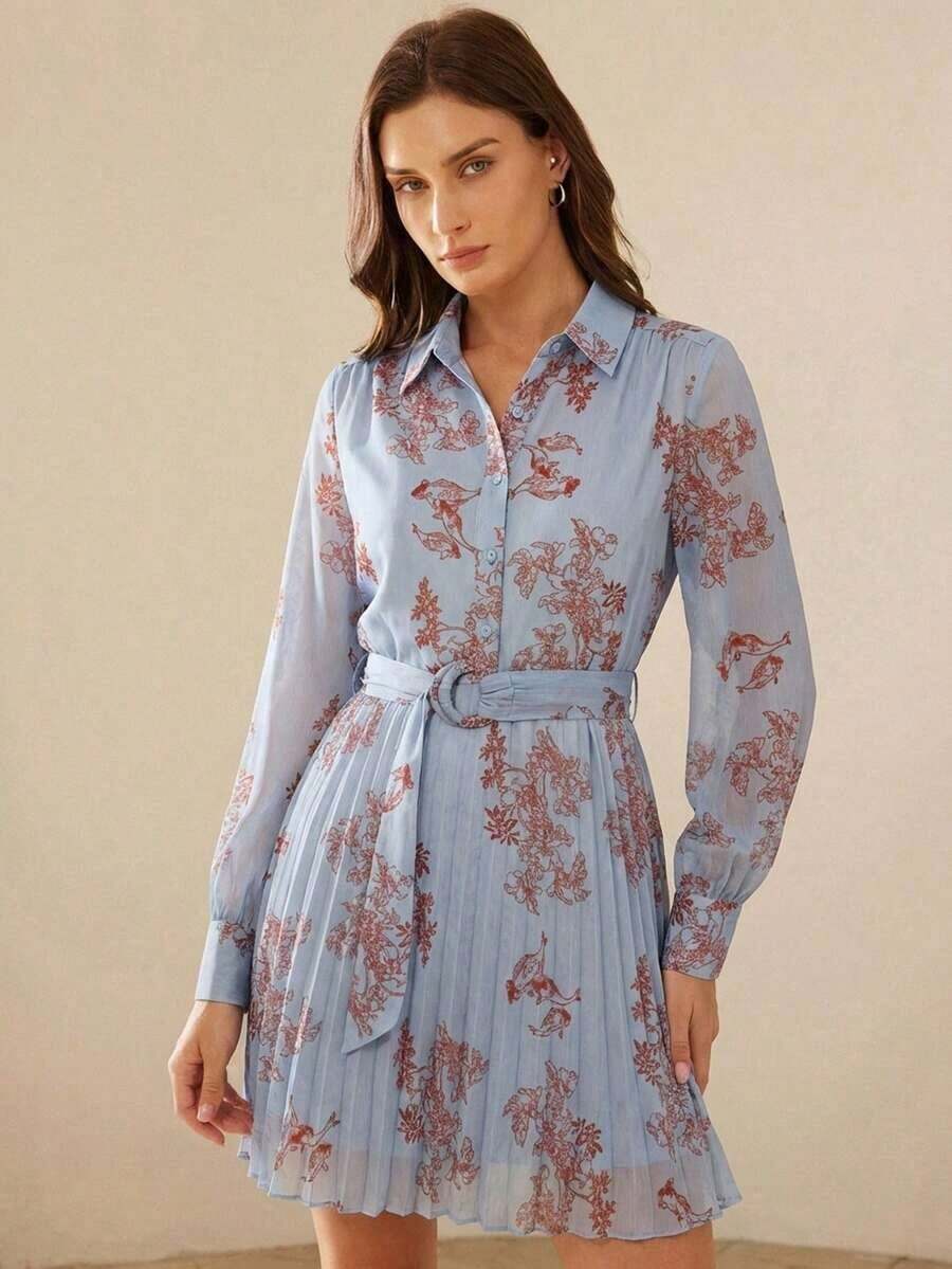 Aveloria Frievida Vestido con botón delantero con cinturón con estampado de flor - Celeste - Ver 1
