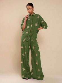 Camisa de lino negra de manga corta con bordado para mujer, camisa bordada casual, camisa negra de manga corta, camisa negra, camisa de vacaciones - Verde - Ver 1