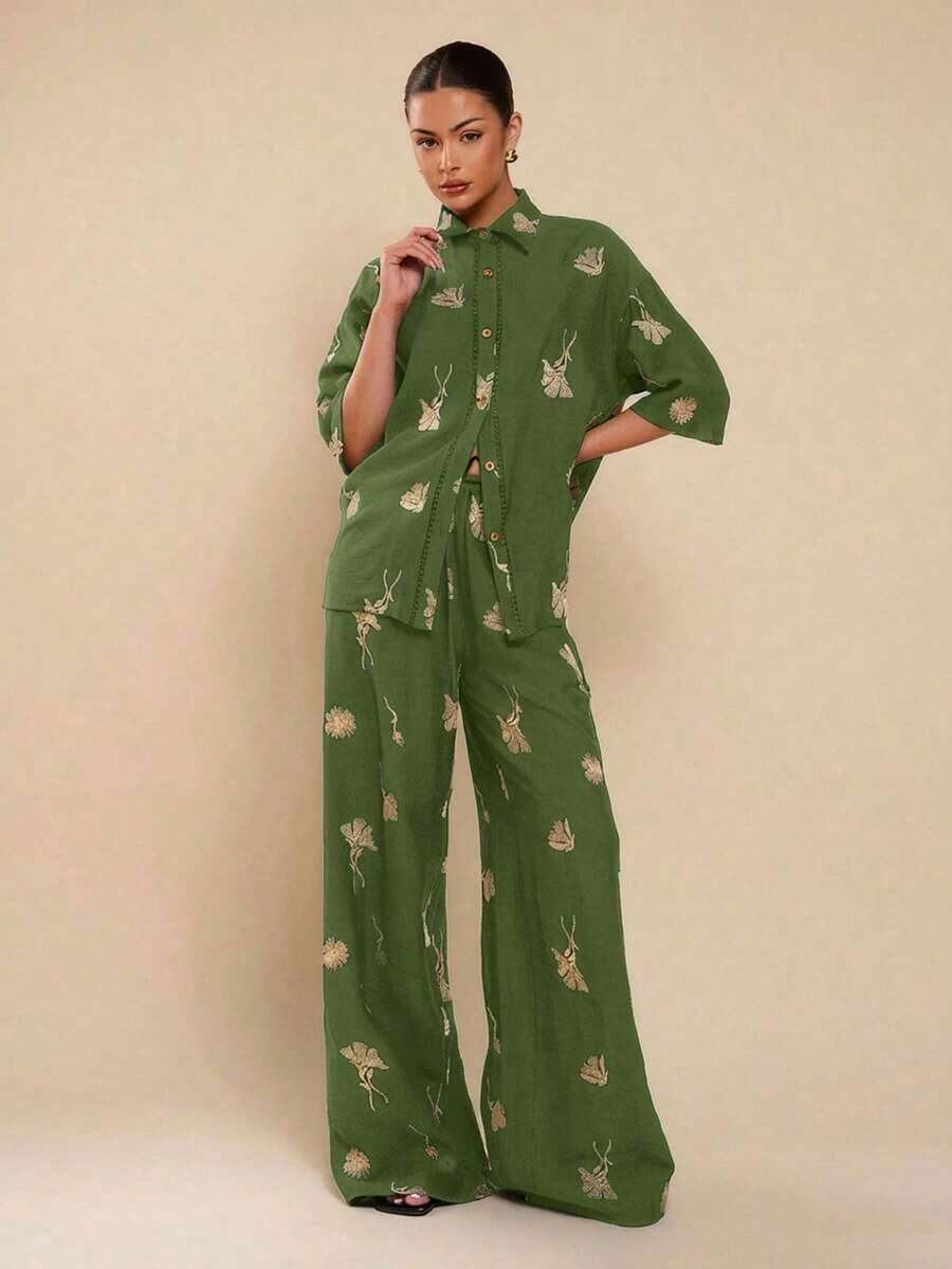 Camisa de lino negra de manga corta con bordado para mujer, camisa bordada casual, camisa negra de manga corta, camisa negra, camisa de vacaciones - Verde - Ver 1