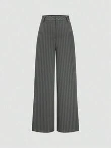 Pantalones rectos casuales de cintura alta y pierna ancha a rayas de moda europea y americana, primavera negro - Gris - Ver 1