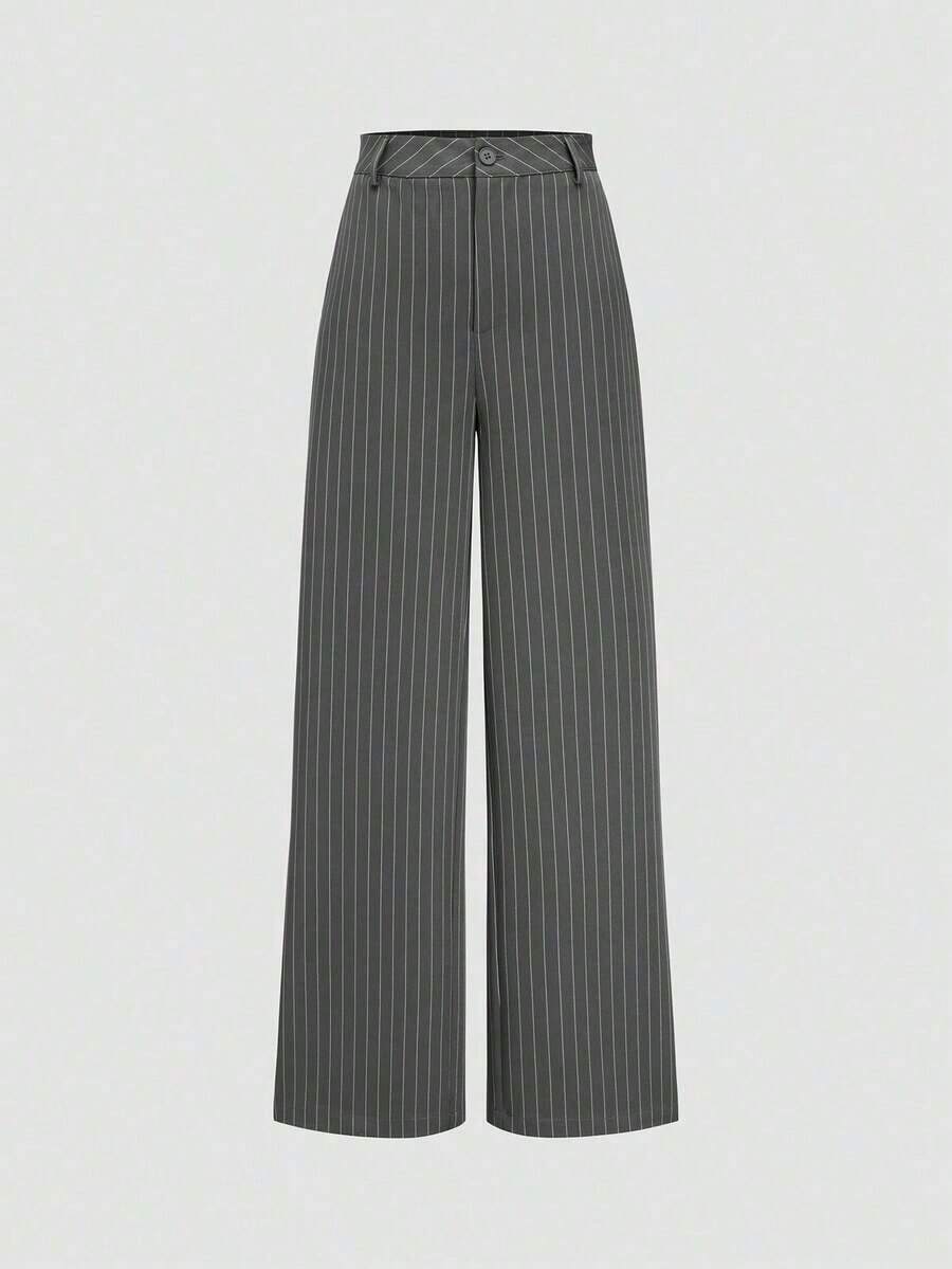 Pantalones rectos casuales de cintura alta y pierna ancha a rayas de moda europea y americana, primavera negro - Gris - Ver 1