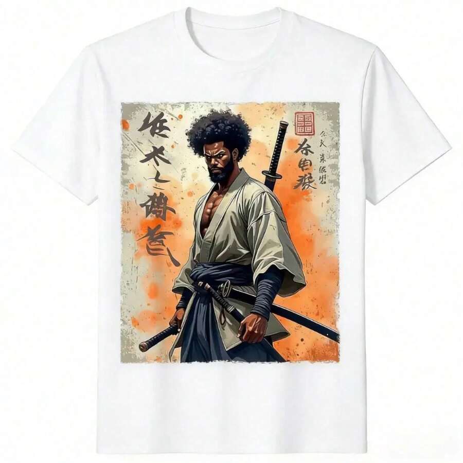 Camiseta con Gráfico Estético de Samurai Africano| Camiseta de Algodón Premium de 180g de Peso Pesado| Ropa Retro Afroamericana de Guerrero Bushido| Top Suave y Transpirable con Diseño de la Cultura Japonesa de la Katana| Regalo de moda urbana para hombres y mujeres PYAW - Blanco - Ver 1