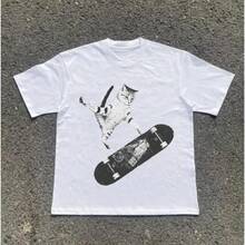 Skater Cat T-Shirt, Y2k Cat T-Shirt, Animal T-Shirt, Gift T-Shirt, Unisex Vintage Graphic Tees, Gothic Grunge Y2k Emo Scene Amity  Style Clothing For Men And Women, Streetwear 4QVZ - 白色 - 查看 10