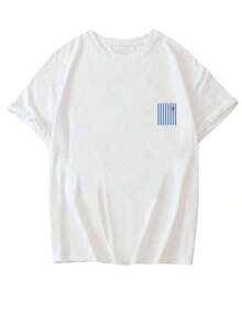 Camiseta de manga corta y cuello redondo con estampado de rayas azules, una blusa blanca versátil y elegante para mujer. - Blanco - Ver 4
