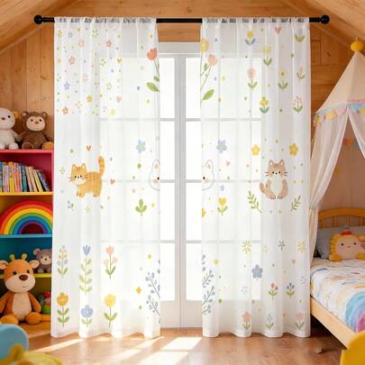 2PCS Cat And Floral Sheer Curtains, Cartoon Pattern Style, Pole Bag Installation, Multiple Sizes To Choose From, Suitable For Various Room Types, Bedroom Sheer Curtains, Privacy Protection, Suitable For All Seasons