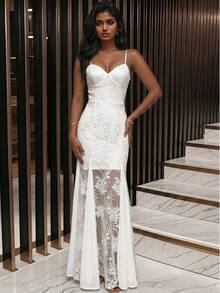 Women's Elegant White Shiny Lace Fitted Spaghetti Strap Maxi Dress, Suitable For Dates, Parties, Birthday Parties, Cocktail Parties, Formal Dinners - White - View 5