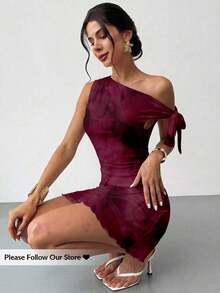 Vestido mini de vacaciones nuevo de verano para mujer, con hombro asimétrico, floral, sexy y elegante. Vestido floral de malla, con cuello asimétrico. Ropa de primavera/verano, atuendo de playa, elegante, sexy, de vacaciones, de playa, Hawái, cita, fiesta, festival de música, vestido de graduación, vestido de baile de graduación. - Burdeos 3 - Ver 6