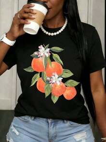 Women's Casual Black T-Shirt With Orange Fruit And Flower Print, Summer Casual Top, Fashion Graphic Tee For Everyday Wear, 100% Cotton, Durable - 黑色 - 查看 7